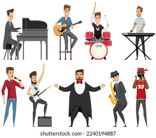 Artists playing music instruments and singing on stage concert series of musicians cartoon vector characters set. Opera vocalist, jazz band singer, guitarist, drummer, pianist and saxophonist