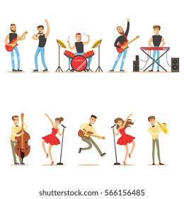 Artists Playing Music Instruments And Singing On Stage Concert Series Of Musicians Cartoon Vector Characters