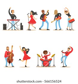 Artists Playing Music Instruments And Singing On Stage Concert Set Of Musicians Cartoon Vector Characters