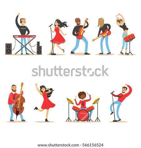 Artists Playing Music Instruments And Singing On Stage Concert Set Of Musicians Cartoon Vector Characters