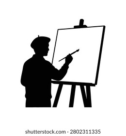 Artist's profile in black silhouette actively painting on a blank easel. Concept of creativity and artistic endeavor for promotional use.