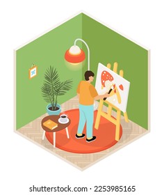Artists room - modern vector colorful isometric illustration. Man in a room with green walls and red carpet draws a picture with paints on canvas. Inspiration, interior design, creativity idea