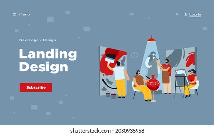 Artists and sculptors creating artworks in workshop or design studio. Creative people painting, sculpturing and drawing. Vector illustration in cartoon style for art community concept