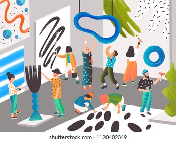 Artists and sculptors painting and sculpting at art residence or place for creative people. Men and women creating contemporary artworks. Modern colorful vector illustration in flat cartoon style.