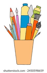 Artist's set. Pencils, ink pen, brushes, tube paints, spatula, etc.