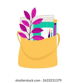 Artist's shopper bag with paints, folder and brushes on white background. Illustration for art stores or plein air lovers. Flat vector illustration.