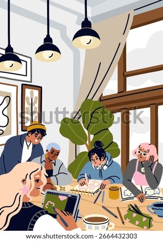 Artists sketching, drawing with digital tablets, pads and sketchbooks at table in cafe. Young creative people, girls community, group, art club together for creativity. Flat vector illustration