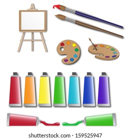 artists supplies icons, painter tools, equipment, vector set