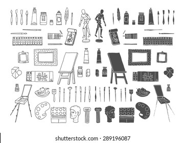 Artists supplies, painter tools and equipment collection. Isolated