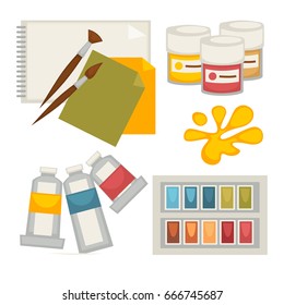 Artists supplies set in colors isolated on white vector poster