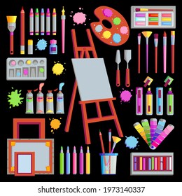 Artist's tools on a black background. Vector watercolor painting design artists supplies, easel and palette, painting brush and draw materials