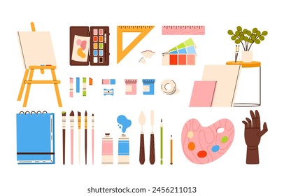 Produzenten-Toolset. Kollektion für Zeichnungsmaterial. Zeichnen Ausrüstung: Palette, Staffelei, Pinsel, Bleistifte, Leinwand. Vektorillustration im Cartoon-Stil. Isoliert auf weißem Hintergrund.