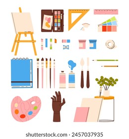 Artists tools set. Drawing supplies collection. Draw equipment: palette, easel, brushes, pencils, canvas. Vector illustration in cartoon style. Isolated on white background.