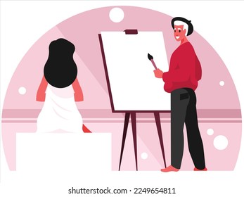 Artists workplace. Artist draws a woman. Painting, drawing and artwork concept. Vector graphics