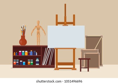 Artist's Workshop. Art Studio Interior With Artistic Tools, Easel And Canvas. Artists Creative Space. Vector Illustration