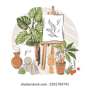 Artists workshop with easels, canvas, pictures, paints and brushes. Creative workplace, drawing on canvas, artistic stuff. Painting on tripod, tools and supplies. Vector illustration 