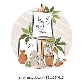 Artists workshop with easels, canvas, pictures, paints and brushes. Creative workplace, drawing on canvas, artistic stuff. Painting on tripod, tools and supplies. Vector illustration 