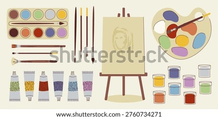 Artist's workspace layout with an easel, portrait sketch, paint tubes, palette, and brushes