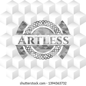 Artless grey emblem with geometric cube white background