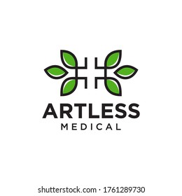 artless medical logo, creative cross health and leaves vector