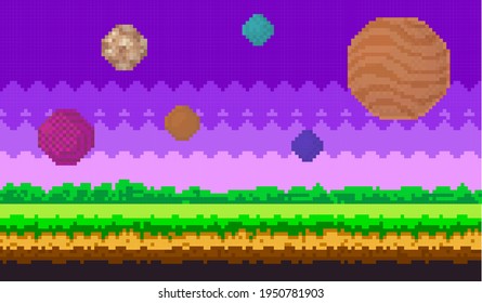  artoon fantastic pixel planets in purple sky and green grass. Pixelated set of cosmic round objects