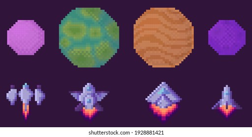  artoon fantastic planets on dark purple background. Collection of cosmic round objects above lined up rockets. Combat aircraft flying to planets. Pixel game design layout vector illustration