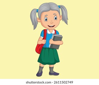 artoon happy school girl carrying book and backpack vector illustration
