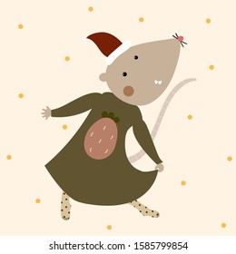 artoon rat with Santa's hat, dancing on the polka dots background- symbol of 2020 year in the Chinese calendar. 