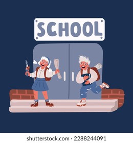  artoon vector illustration of Back to school. Schoolgirl and schoolboy student with school bag backpack hold book. School and education concept over dark backround