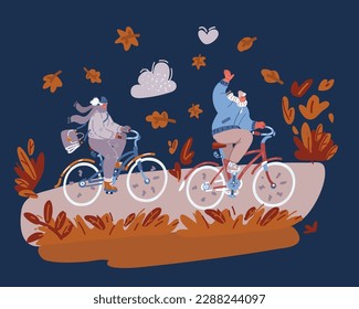  artoon vector illustration of Happy young couple are riding bikes in cold weather. Man and woman in utumn clothes with scarfs are cycling over dark backround
