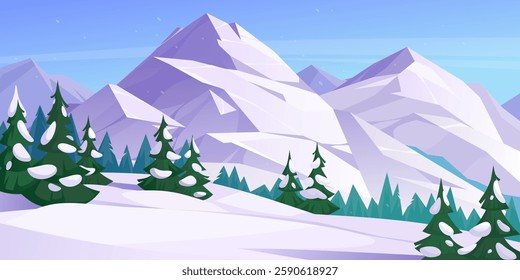 artoon vector illustration of a serene snowy mountain landscape with purple peaks and fluffy clouds in a clear blue sky during daylight. Peaceful daytime atmosphere, mountain peaks dusted with snow