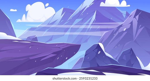 artoon vector illustration of a serene snowy mountain landscape with purple peaks and fluffy clouds in a clear blue sky during daylight. Peaceful daytime atmosphere, mountain peaks dusted with snow