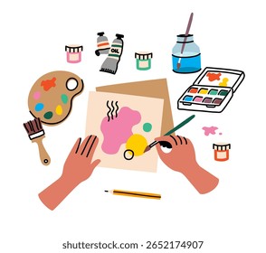 Art's classes poster with painting tools elements in cartoon style. Art supplies: paint tubes, brushes, pencil, watercolor, palette. Trendy modern vector illustration, hand drawn, flat design.