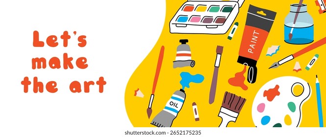 Art's classes poster with painting tools elements in cartoon style. Art supplies: paint tubes, brushes, pencil, watercolor, palette. Trendy modern vector illustration, hand drawn, flat design.
