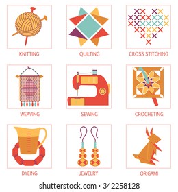 Arts and Crafts colorful vintage icon set.