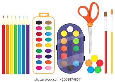 Arts and crafts concept. Vector illustration of art tools for drawing and painting, colorful pencils, paints in boxes and palette, paint brushes and scissors isolated on white background.