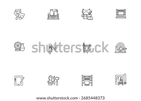 Arts, Crafts and Creative Hobbies Line Icons Set - Theater, Pottery, Sewing, Design