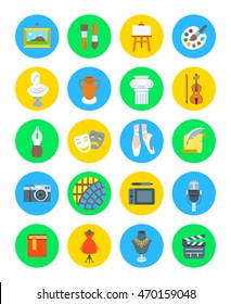 Arts and crafts flat vector round icons set. Colorful symbols of painting, architecture, sculpture, writing, music, ballet, theater, cinema, calligraphy, photography, pottery, jewelry and tailoring