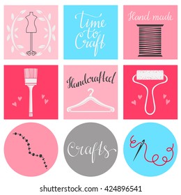 Arts and crafts hand drawn supplies, tools, design elements, icons set isolated on white background