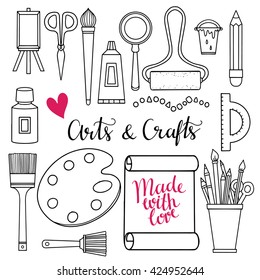 Arts And Crafts Hand Drawn Supplies, Tools, Design Elements, Icons Set Isolated On White Background