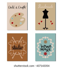 Arts and crafts hand drawn supplies, tools, design elements, icons, cards set isolated on white background