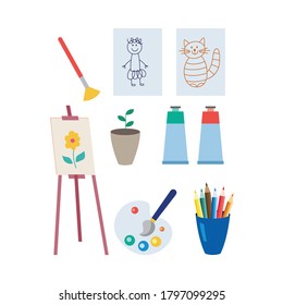 Arts   crafts items set for drawing   painting  flat vector illustration isolated white background  Collection children supplies for creative education 