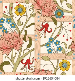 Arts And Crafts Movement Inspired Wooden Fence Garden Vector Seamless Pattern