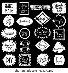 Arts and crafts set , sewing hand drawn frames, design elements, icons, logos, badges set isolated on black background, handwritten font