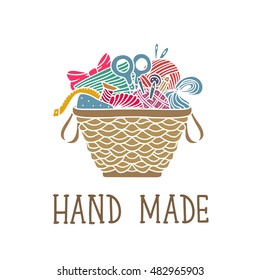 Arts and crafts sewing card. Basket with supplies, tools. Isolated on white background. Hand made calligraphy text, handwritten
