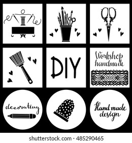Arts and crafts sewing cards, hand drawn supplies, tools set isolated