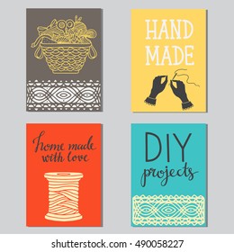 Arts and crafts sewing cards, hand drawn diy supplies, tools set isolated. Vector design
