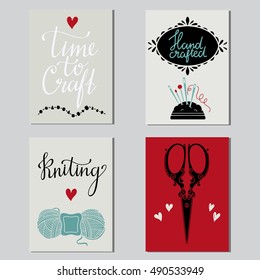 Arts and crafts sewing cards, hand drawn diy supplies, tools set isolated. Vector design