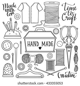 Arts and crafts sewing hand drawn supplies, tools, design elements, icons set isolated on white background