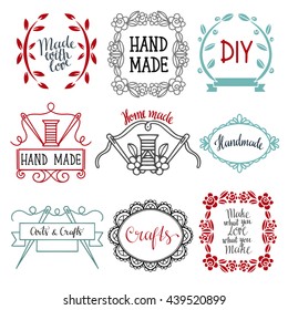 Arts and crafts sewing hand drawn supplies, tools, design elements, icons, logo set isolated on white background